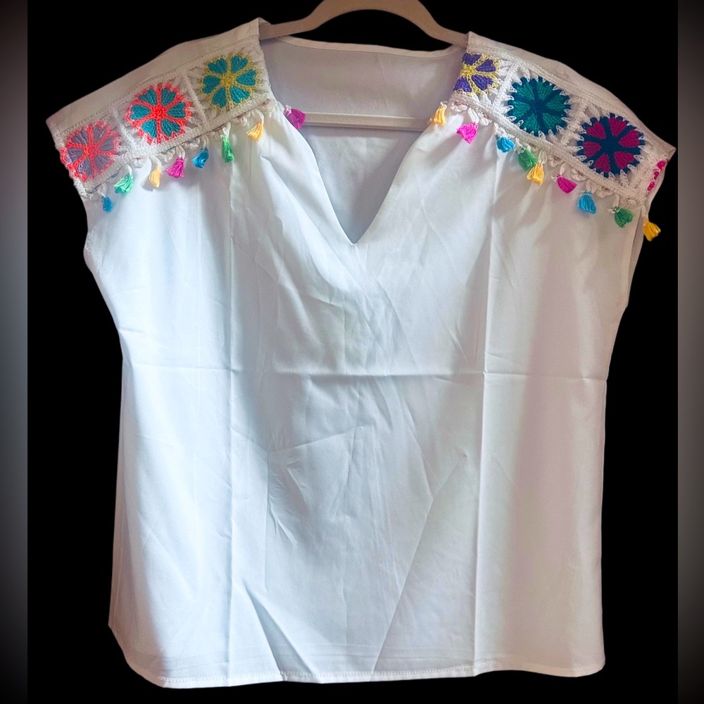 White Boho Top with Colorful Embroidery size S/M